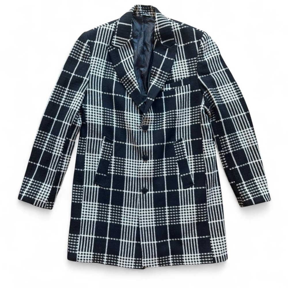 Vintage Black & White Plaid Wool-Blend Blazer Coat